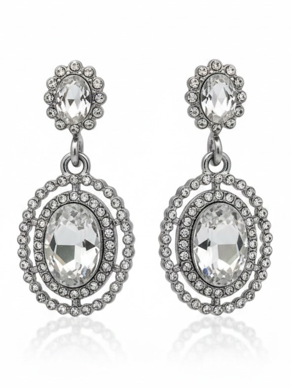 Ella Crystal Oval Drop Earrings - Silver
